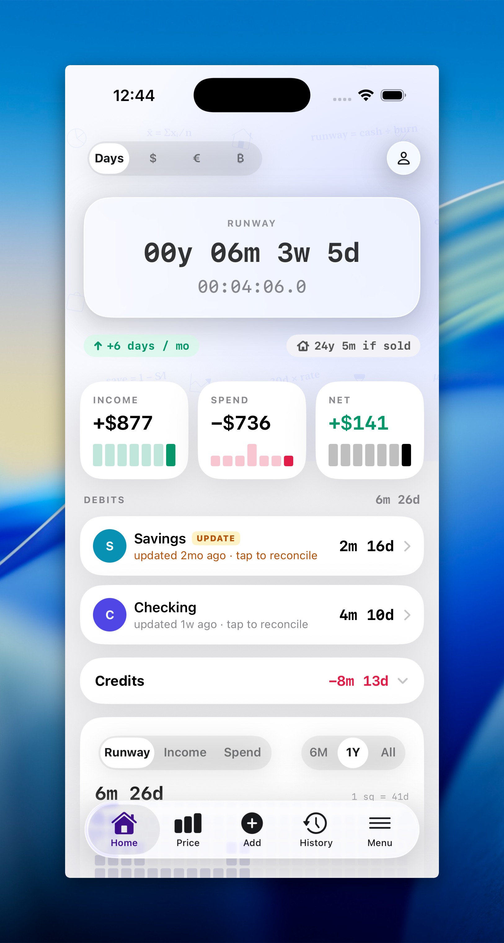 The Runway home screen: months and days of money left, this month’s income, spend and net, and each account below.