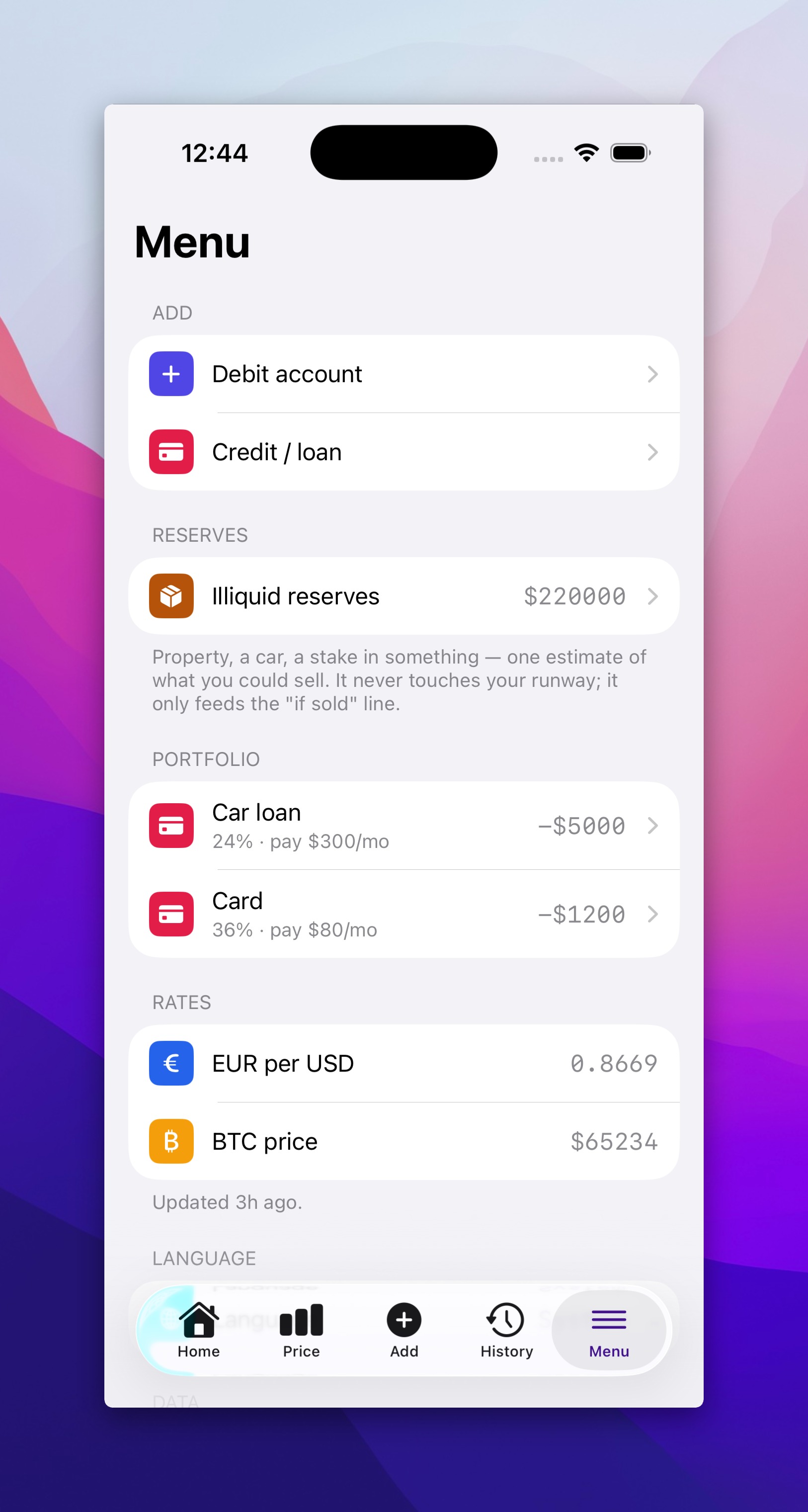 The Menu screen with accounts, loans, things you own and exchange rates.