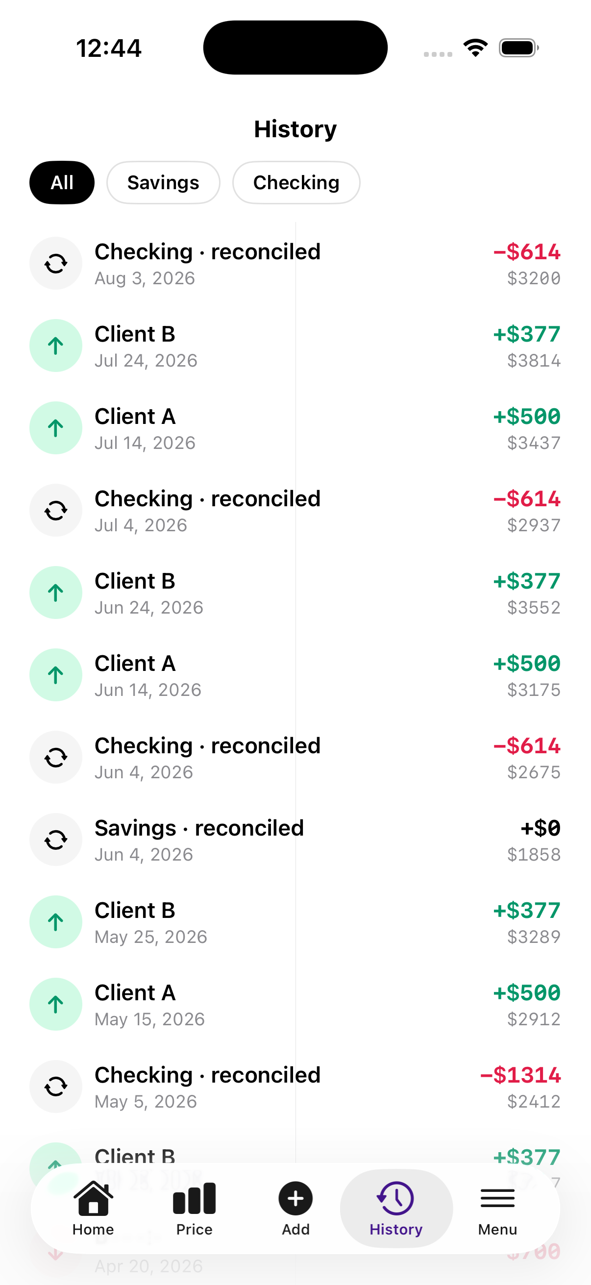 The History screen listing incomes and balance readings with running totals.