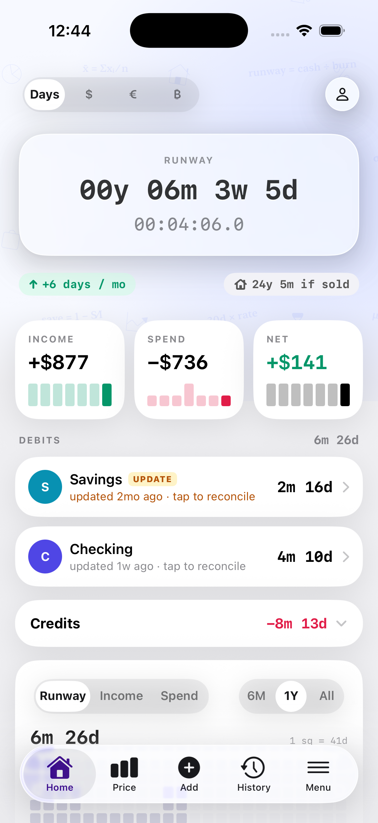 The Runway home screen: months and days of money left, this month’s income, spend and net, and each account below.