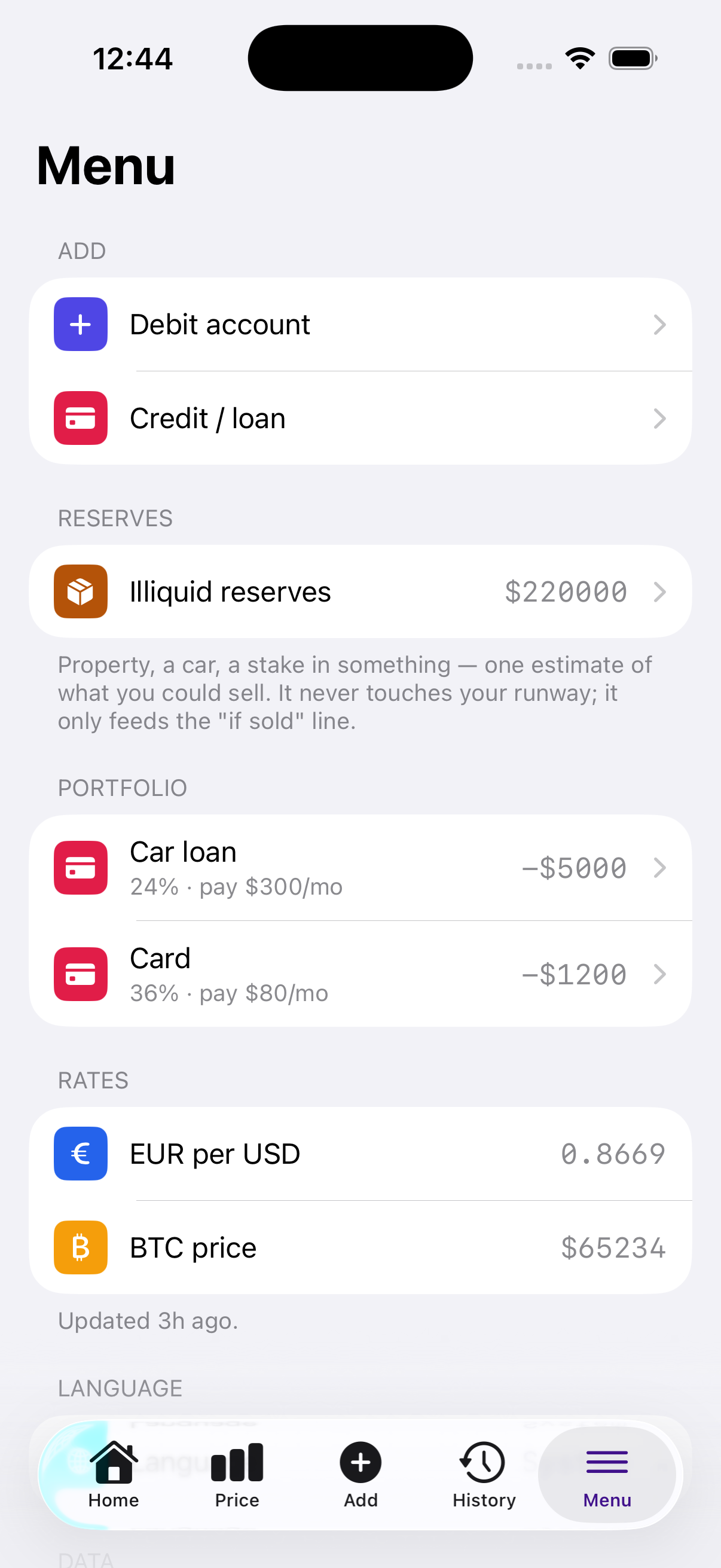 The Menu screen with accounts, loans, things you own and exchange rates.