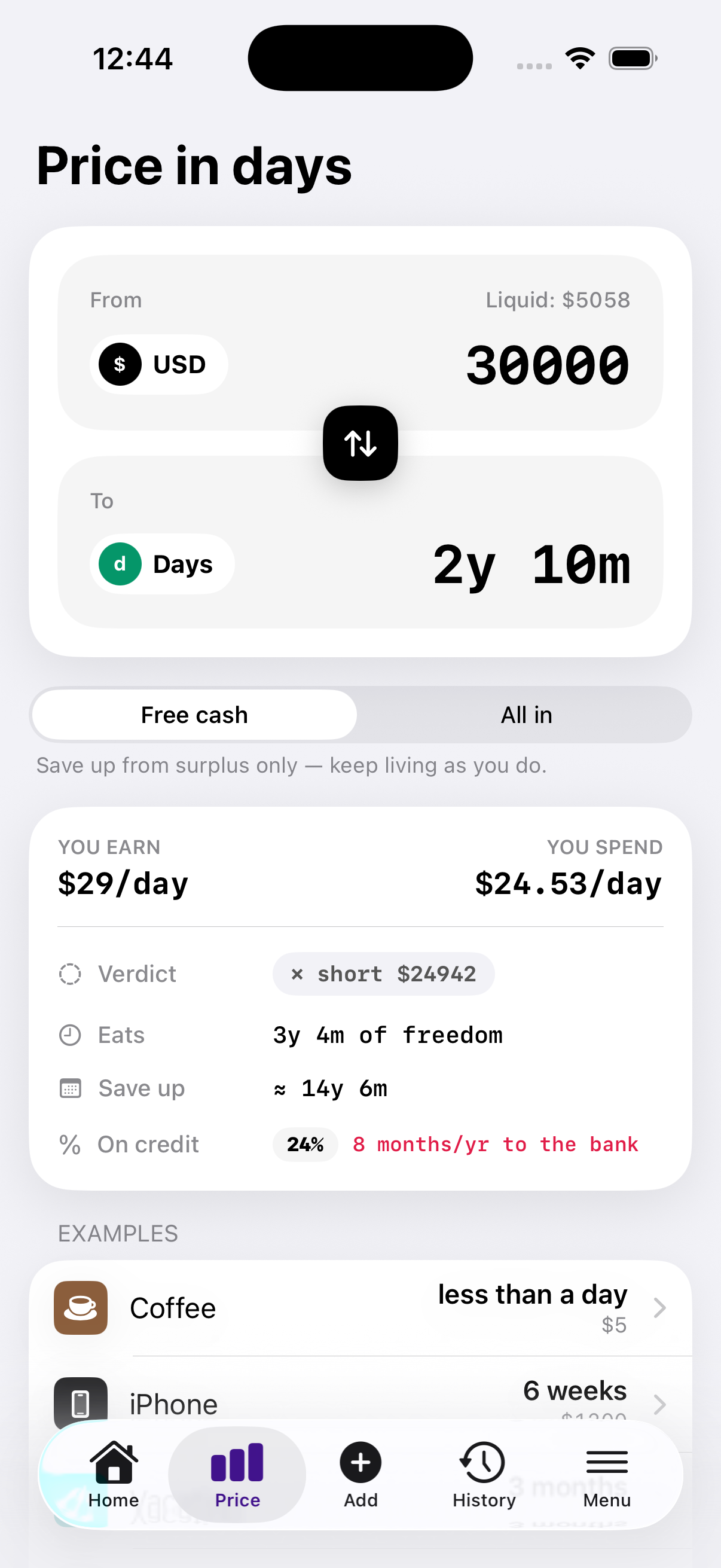 The Price screen turning $30,000 into 2 years 10 months of life.