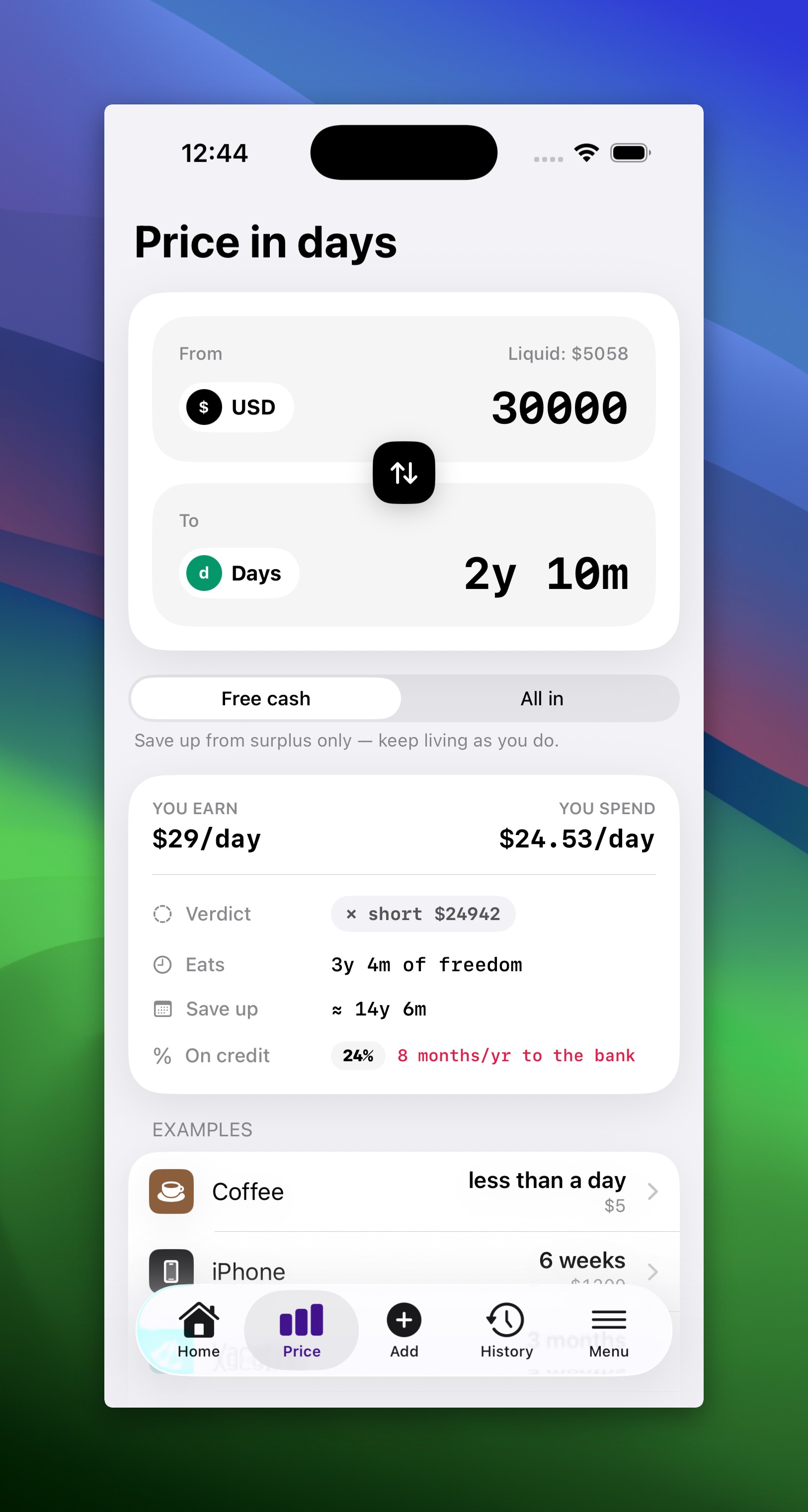 The Price screen turning $30,000 into 2 years 10 months of life.