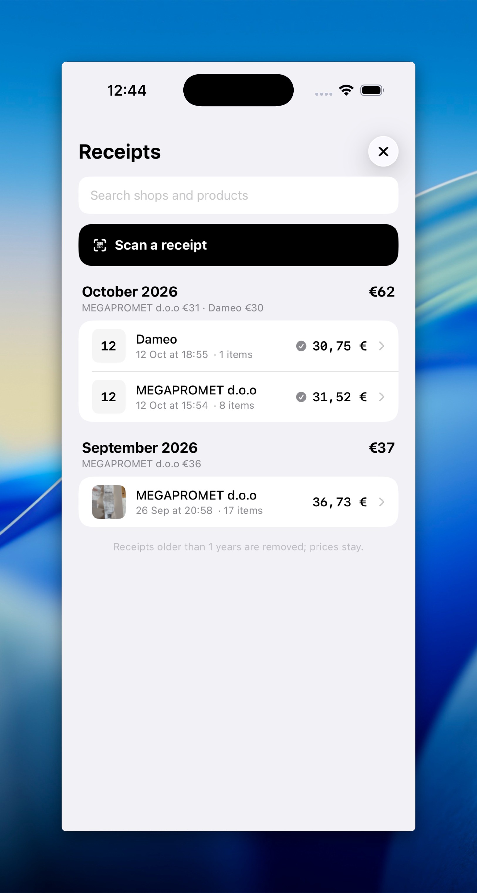 Receipts by month and shop, with the month’s total and a photo receipt.
